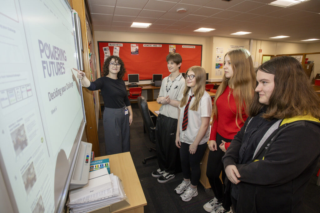 Tess Riley with pupils at Fraserburgh Academy