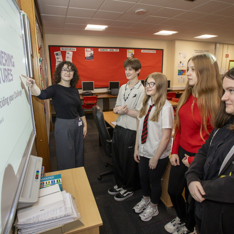 Tess Riley with pupils at Fraserburgh Academy